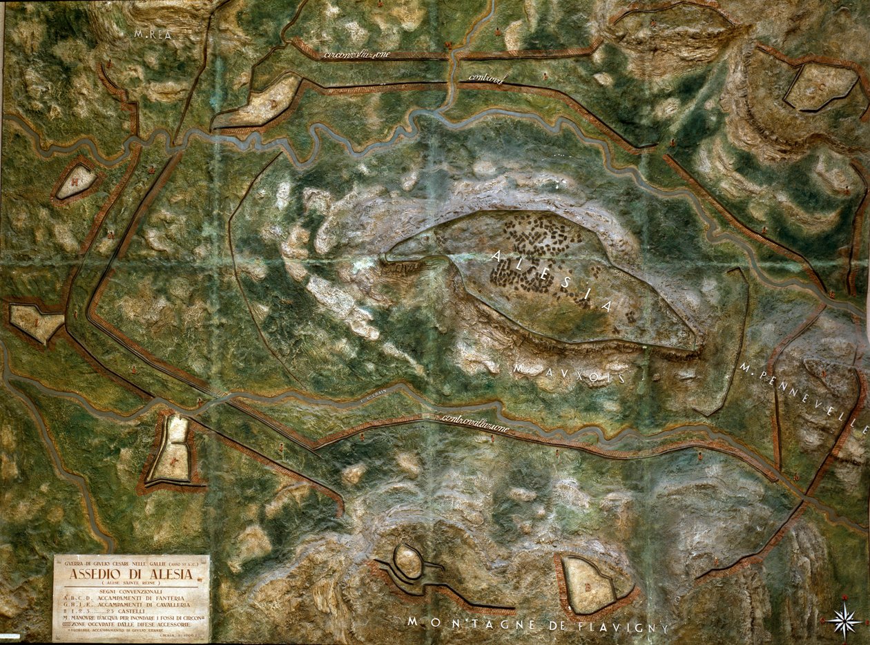 Model reproducing the siege and the battle of Alesia in September 52 BC by Jules Cesar who saw the defeat of Vercingetorix. Scale 1/1000. Rome, Museo della Civilta Romana 作者 罗马罗马
