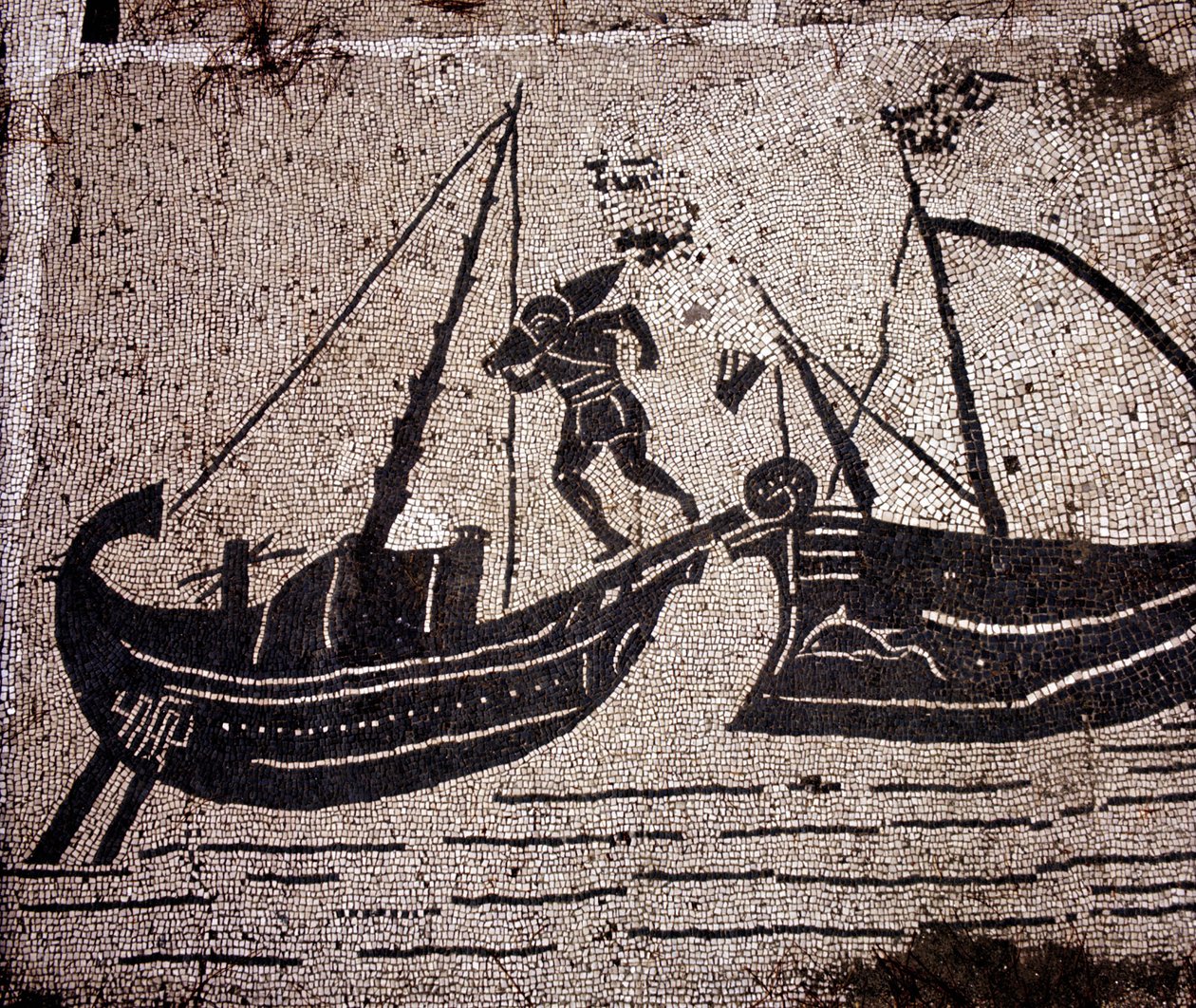 Ostia (Ostia) Ancient, Mosaic of the Place des Corporations. Loading a boat. 作者 罗马罗马