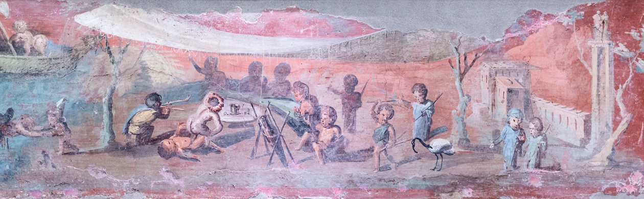 绘有侏儒场景的特里克利纳尔床画，公元 50-79 年，细节（新鲜） 作者 罗马罗马