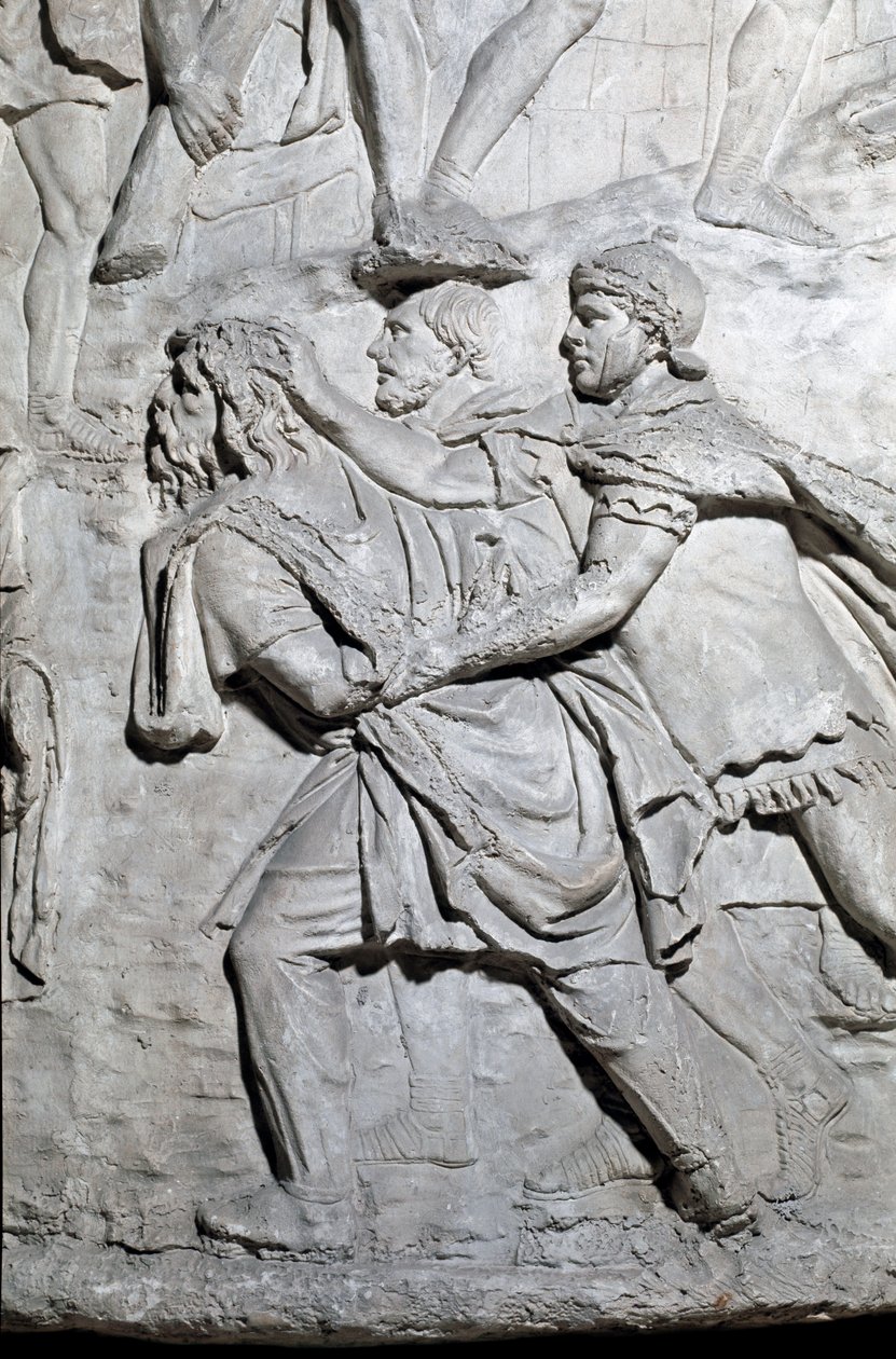 Roman art: “” a dace soldier prisoner of Roman soldiers””” Mould of 1862 reproducing the bas-reliefs of the column of Trajan (column Trajane) (Colonna Traiana) in Rome built during the reign of Emperor Trajan (53-117). The Trajane column commemorates the v 作者 罗马罗马
