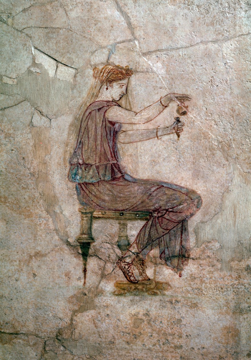 罗马艺术：女人坐在花瓶里倒香水壁画，公元 25 年出自 Villa della Farnesina（罗马艺术：女人在花瓶里倒香水，出自 Casa della Farnesina，公元 25 年）罗马，Palazzo Massimo alle Terme，国家罗马博物馆 作者 罗马罗马
