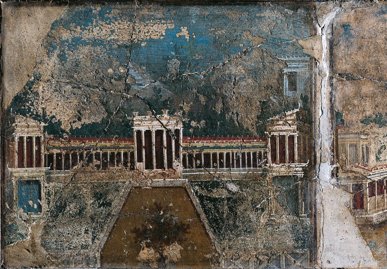 第三风格壁画，描绘建筑景观，柱廊边的建筑细节，来自庞贝 作者 罗马罗马