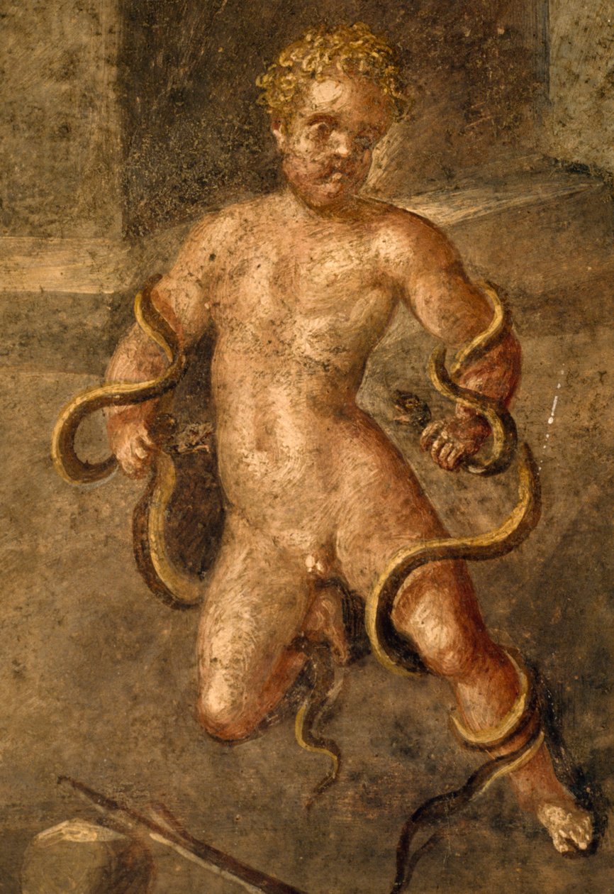 年轻的赫拉克勒斯勒死蛇，庞贝维蒂之家的 oecus 壁画细节（联合国教科文组织世界遗产名录） 作者 罗马罗马
