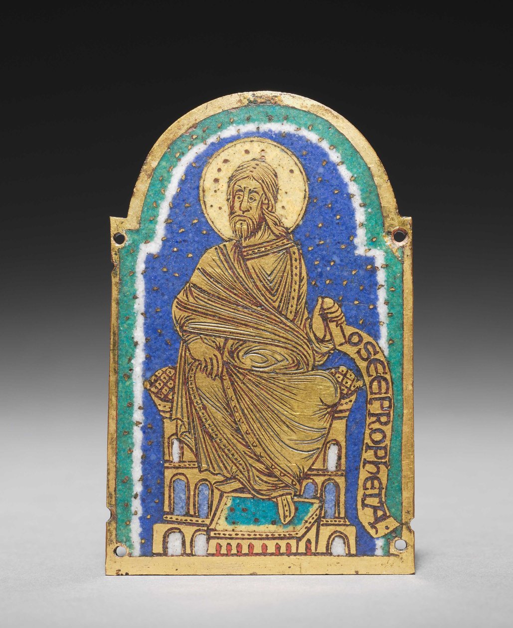 匾额。坐着的先知，来自灵位神殿。Osea (Hosea), 约1170-1180 (铜镀金, 珐琅彩) 作者 罗马式