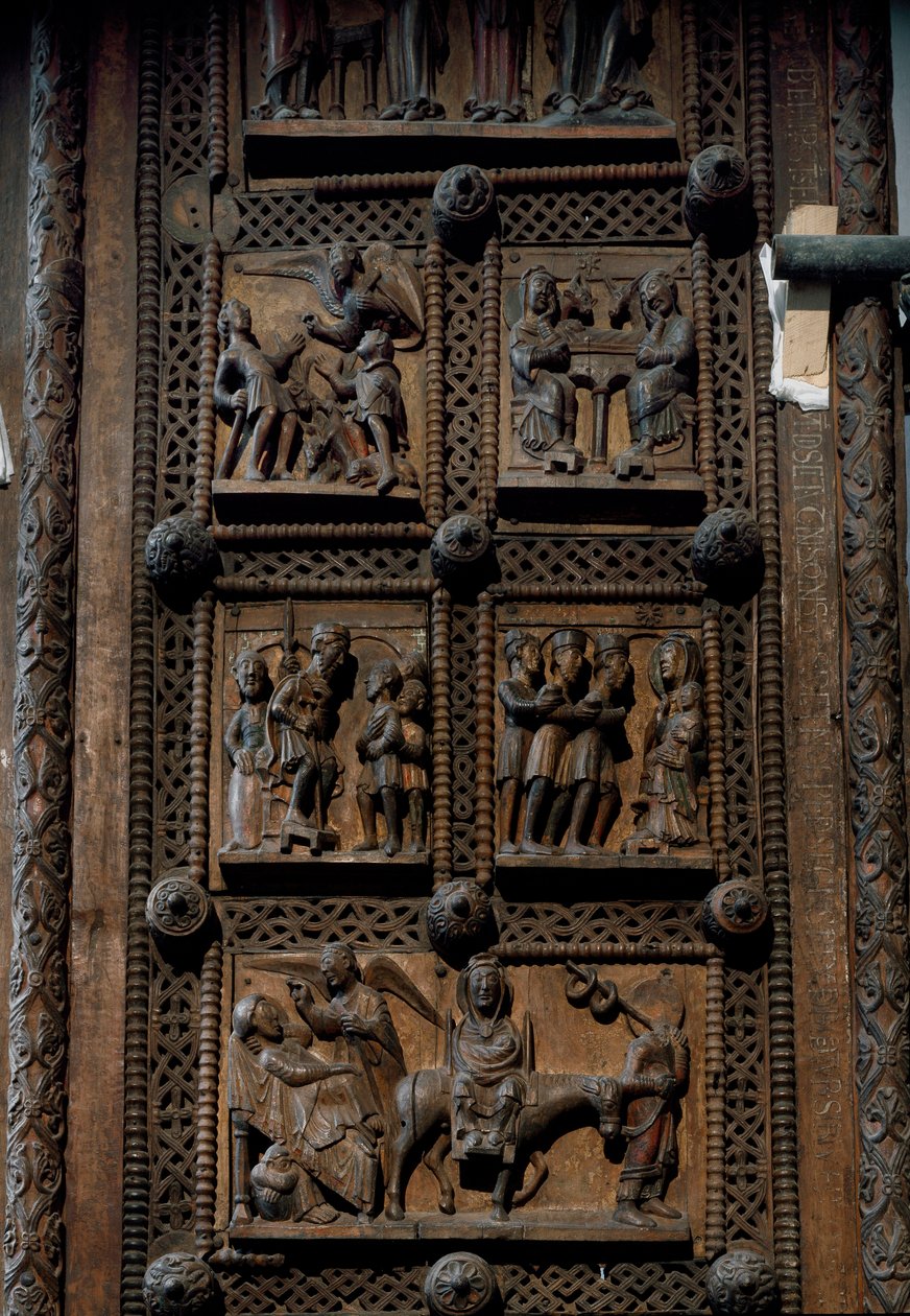 罗马式艺术：德国科隆国会大厦圣玛丽教堂（Sankt Maria im Kapitol，Koln）的 12 世纪中叶木门。 描绘对牧羊人的公告、耶稣诞生、法师的崇拜和 th 的场景 作者 罗马式