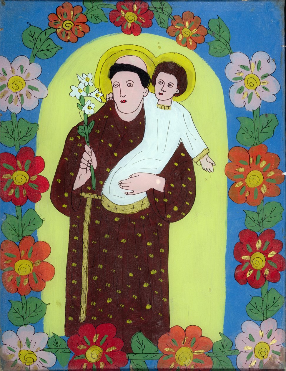 帕多瓦的圣安东尼（1195-1231），特兰西瓦尼亚，1950-80（彩绘玻璃） 作者 罗马尼亚学校