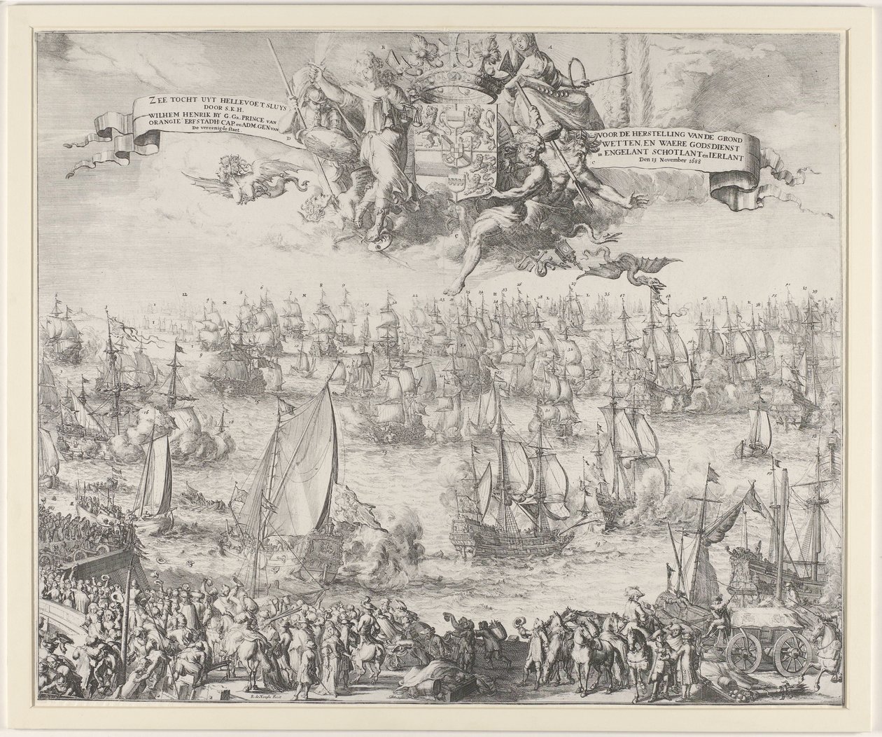 威廉三世的英国之旅，1688 年
S.K.H. 威尔赫姆-亨里克（Wilhem Henrik）撰写的《Sea Trip uyt Hellevoet Sluys by G. Ga.Prince of Orangie Erfstadh.Cap. and Adm. Gen. of De vereenigde staet / For the restoration of the constitutions, and waere Godsdienst in Engelant Sch 作者 Romeyn de Hooghe（归属于工作室）