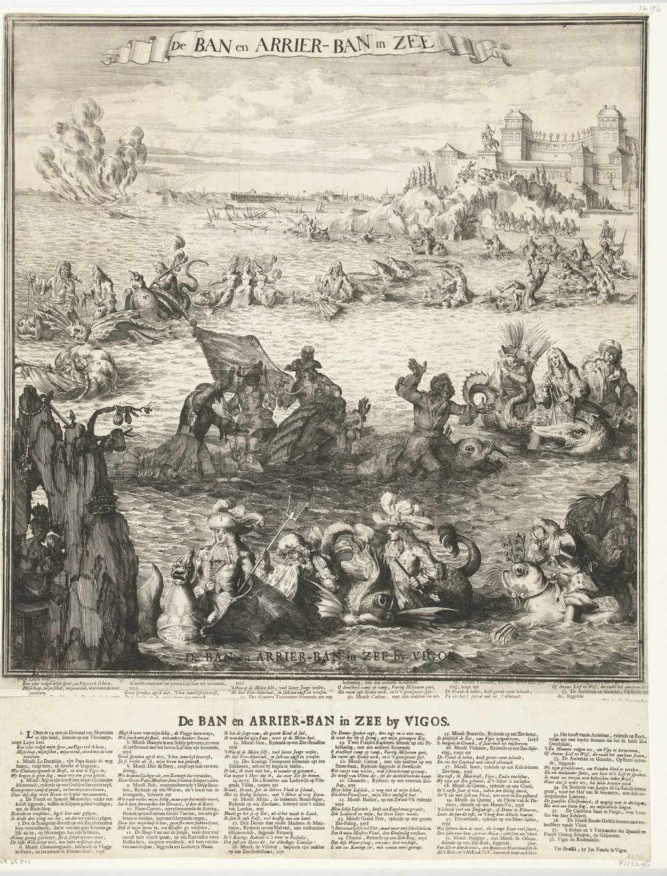 关于在维哥夺取白银舰队的漫画，1702 年
海上的禁令和阿里尔禁令（物体上的标题）
维戈斯附近海域的 "禁令 "和 "阿里尔禁令"（物体上的标题） 作者 Romeyn de Hooghe (可能)