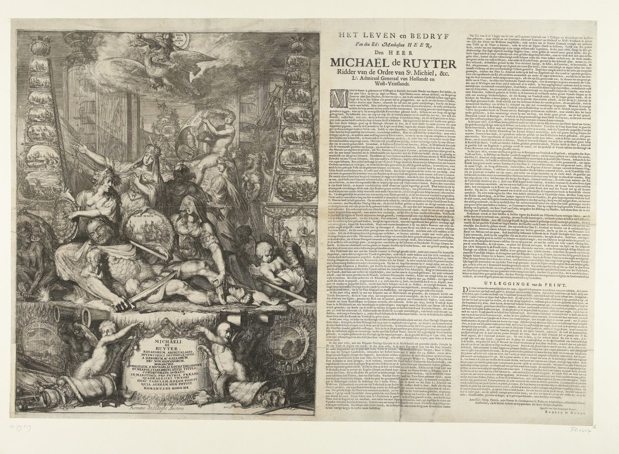 关于米歇尔-德-鲁伊特之死的寓言，1676 年
Manhaften Heer, Den Heer Michaël de Ruyter Ridder van de Ordre van St.Hollandt 和 West-Vrieslandt 的海军中将（标题见实物） 作者 罗曼·德·豪格