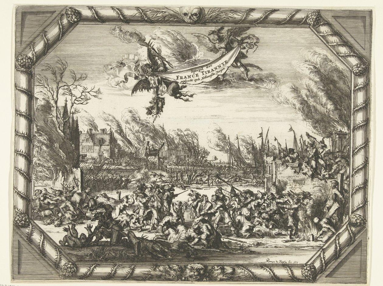 法国在博德赫拉芬和兹瓦默丹的暴行，1672 年 Spiegel der France Tirannye 致力于荷兰村庄（物体标题） 作者 罗曼·德·豪格