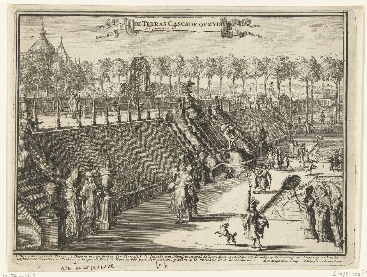 Paleis Het Loo 公园的露台瀑布景观（从侧面） zyde 上的露台瀑布（对象上的标题） Paleis Het Loo、相关建筑和相关公园的景观（系列标题） 作者 罗曼·德·豪格