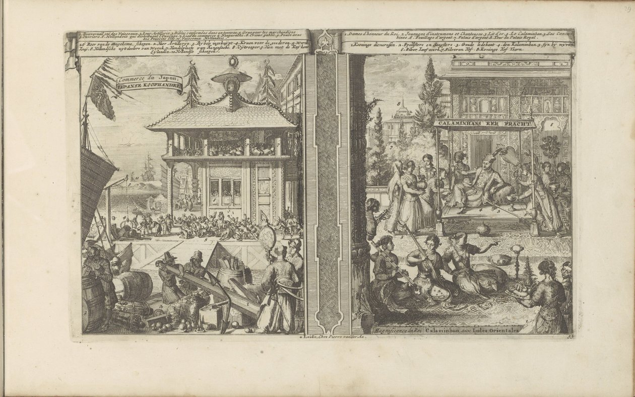 Japanse koophandel; Hof van de koning van de Calaminhans
Japanse koophandel / Commerce du Japon // Calaminhans Eer Pracht / Magnificence of King Calaminhan, in the East Indies (title on object)
Les Indes Orientales et Occidentales et autres lieux (serie 作者 罗曼·德·豪格