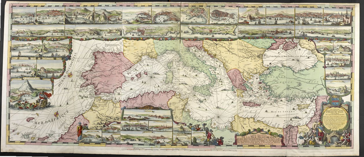 地中海地图，选自 Charles Pene 和 Pieter Mortier 合著的《De Fransche Neptunus and Atlas Maritime and Suite du Neptune François》。 作者 罗曼·德·豪格