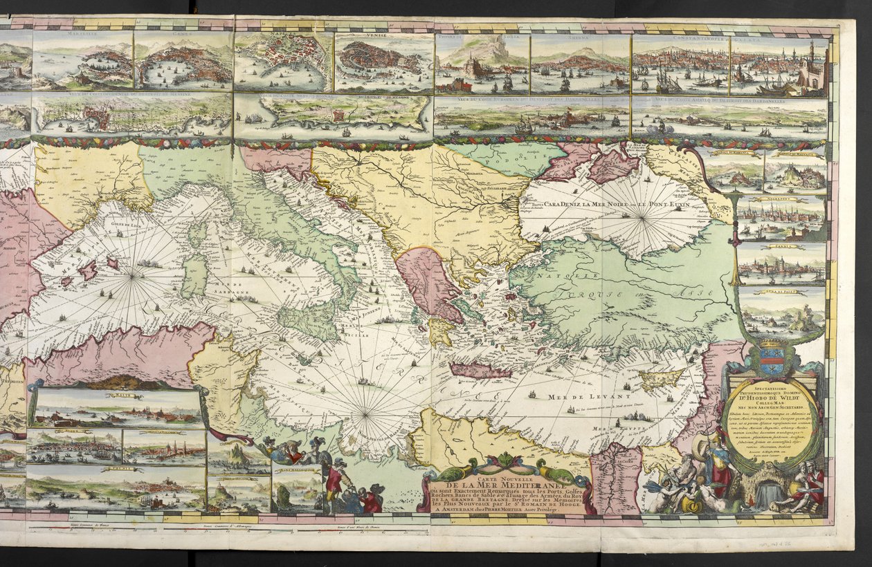 地中海地图，插图中点缀着寓言人物和海怪，选自 Charles Pene 和 Pieter Mortier 创作的《De Fransche Neptunus and Atlas Maritime and Suite du Neptune François》。 作者 罗曼·德·豪格