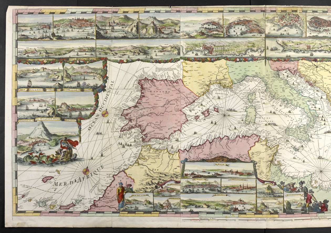 地中海地图，插图上有寓言人物和海怪，出自 Charles Pene 和 Pieter Mortier 的《法国海王星和阿特拉斯海事》和《海王星弗朗索瓦组曲》 作者 罗曼·德·豪格