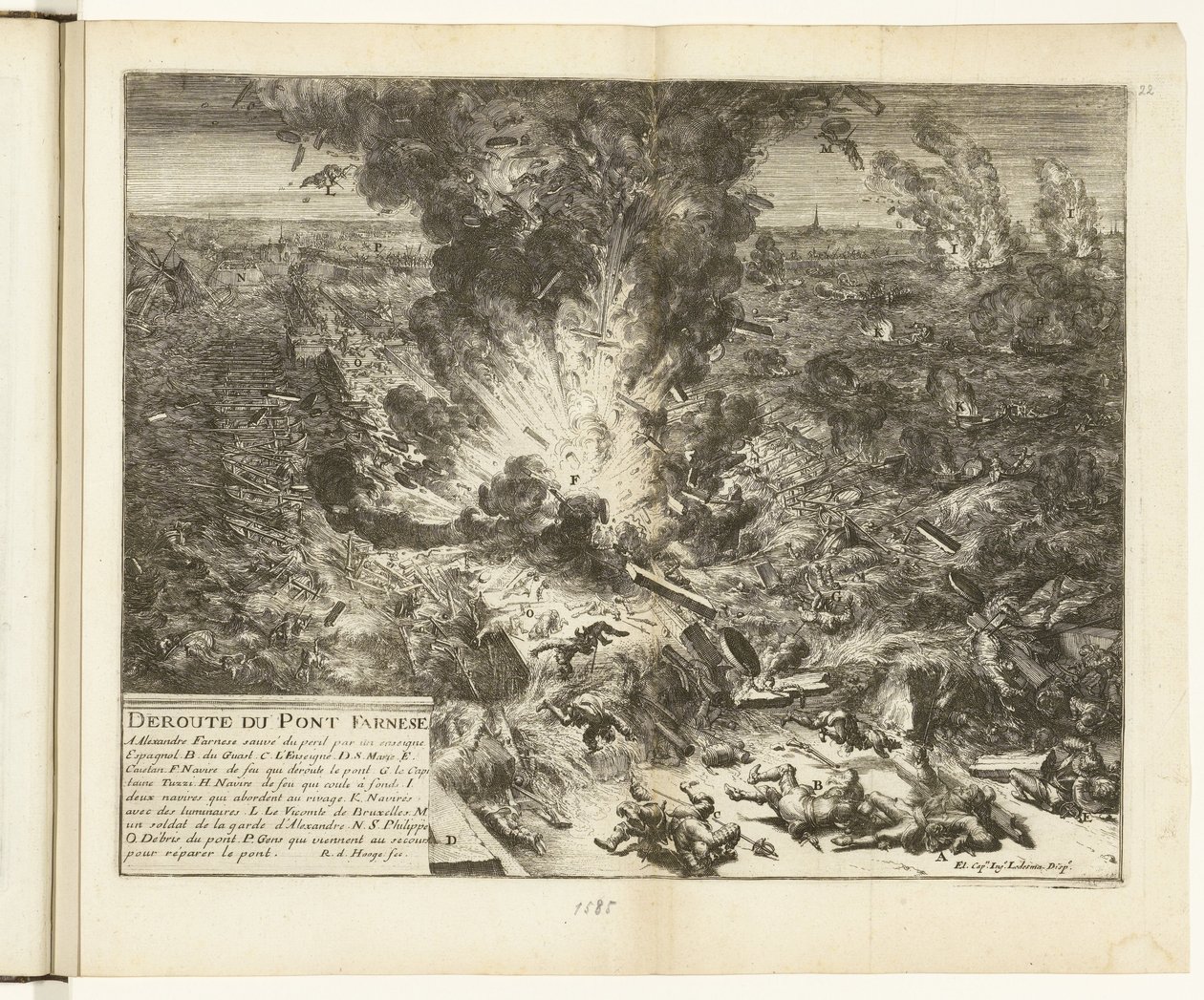 炸毁斯海尔德河上的帕尔马船桥，1585 年
Deroute du Pont Farnese（物品上的标题）
法兰德斯战争（系列标题） 作者 罗曼·德·豪格