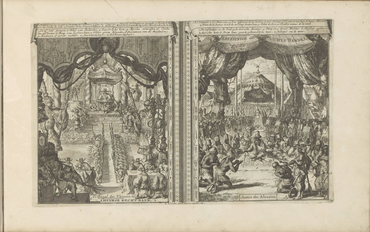 中国的法院和法庭
Chinese rechtbank / tribunal des Chinois // Abyssinise Gerichts Handel / Justice des Abissins (title on object)
Les Indes Orientales et Occidentales et autres lieux (系列标题) 作者 罗曼·德·豪格