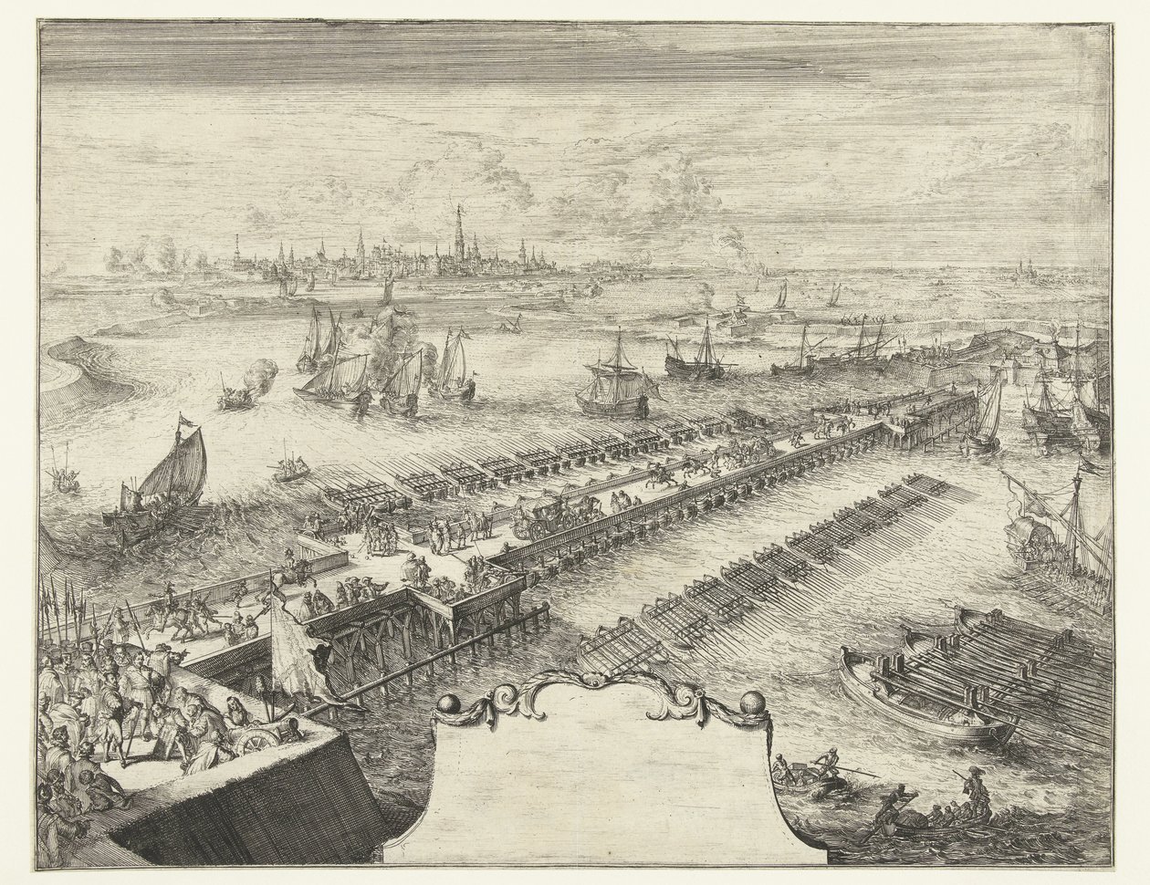 斯海尔德河上的帕尔马船桥，1585 年 Guerres de Flandres（法兰德斯战争）（系列标题） 作者 罗曼·德·豪格