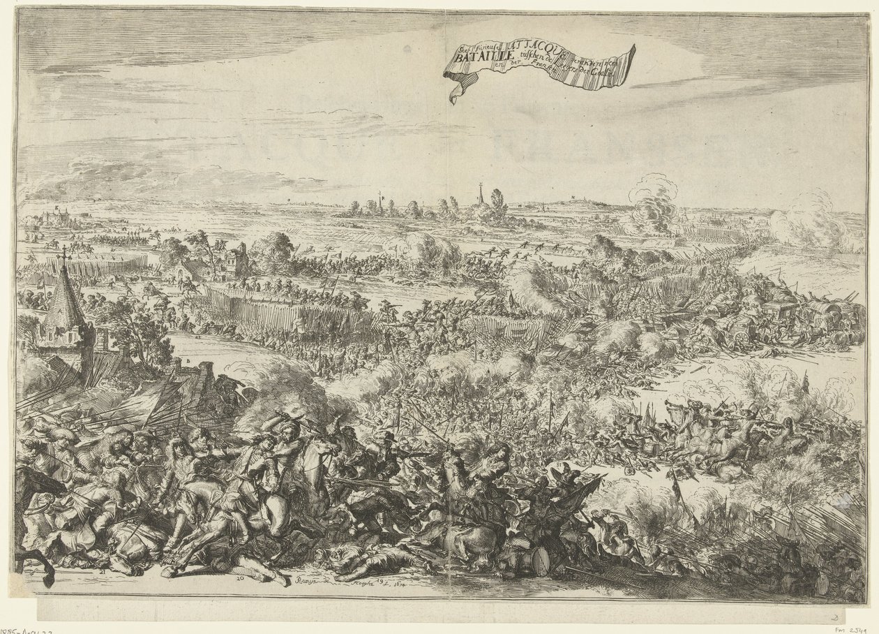 塞内夫战役，1674 年
Seer furieuse Attacque verandert in een Bataille tusschen de Leegers der Geallie.
Beschryvinge van de Furieuse Attacque der Franssen, Op de Bagagie van 