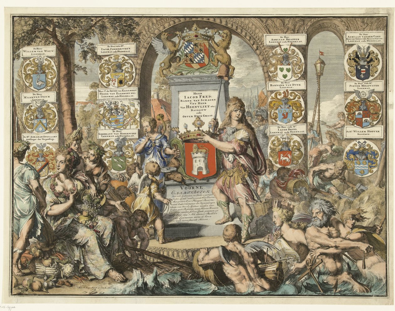标题印刷品 沃尔内地图，1701 年
Voorne Caart-Boeck van alle de Dorpen, en Polders gelegen Inden Lande van Oost, en West Voorne (...) 7e Juny 1695.当 Bailliuw 和 Leenmannen 成为新的 Heeren 时。(物品上的标题） 作者 罗曼·德·豪格