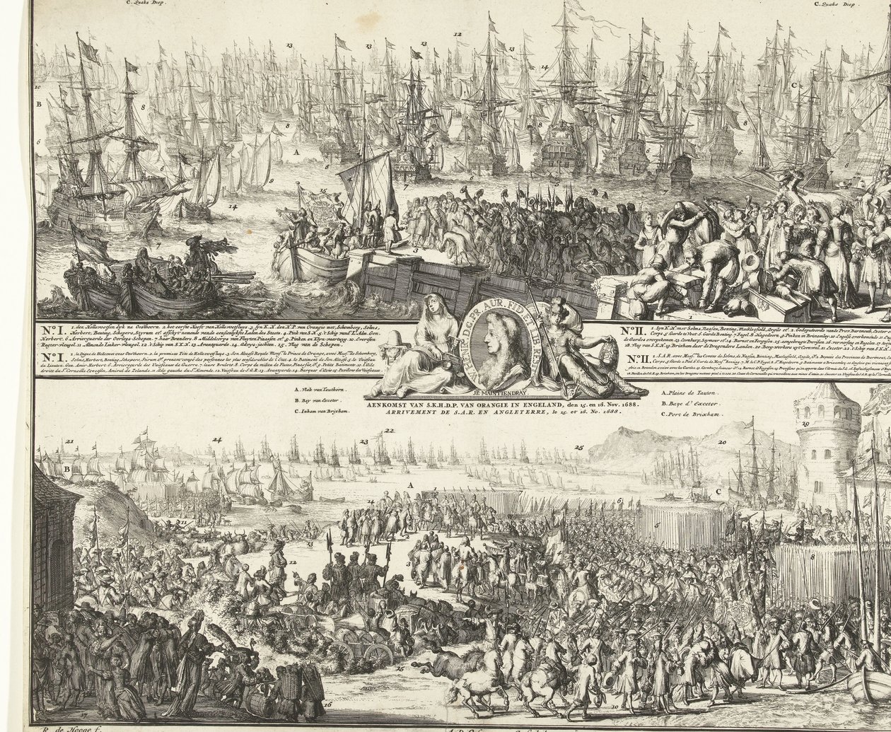 威廉三世的英国之行，1688 年
Departure of S.K.H. na England, den 11. Nov. 1688 / Aenkomst van S.K.H.D.P. van Orangie in England, den 15.
Depart de S.A.R. pour Angleterre, Le 11.No. 作者 罗曼·德·豪格