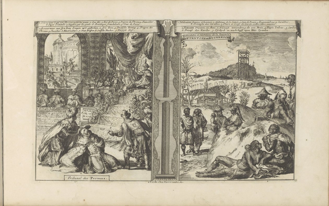 Tribunaal in Perzië; Khoikhoi en Guineërs
Tribunal des Persans // Hottentots en Guineesche / Hottentots et Habitans de la Guinée (title on object)
Les Indes Orientales et Occidentales et autres lieux （丛书名） 作者 罗曼·德·豪格