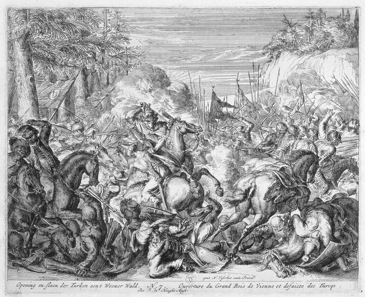 维也纳印刷周期，波兰骑兵在维也纳森林开始战斗，1683年 作者 罗曼·德·豪格
