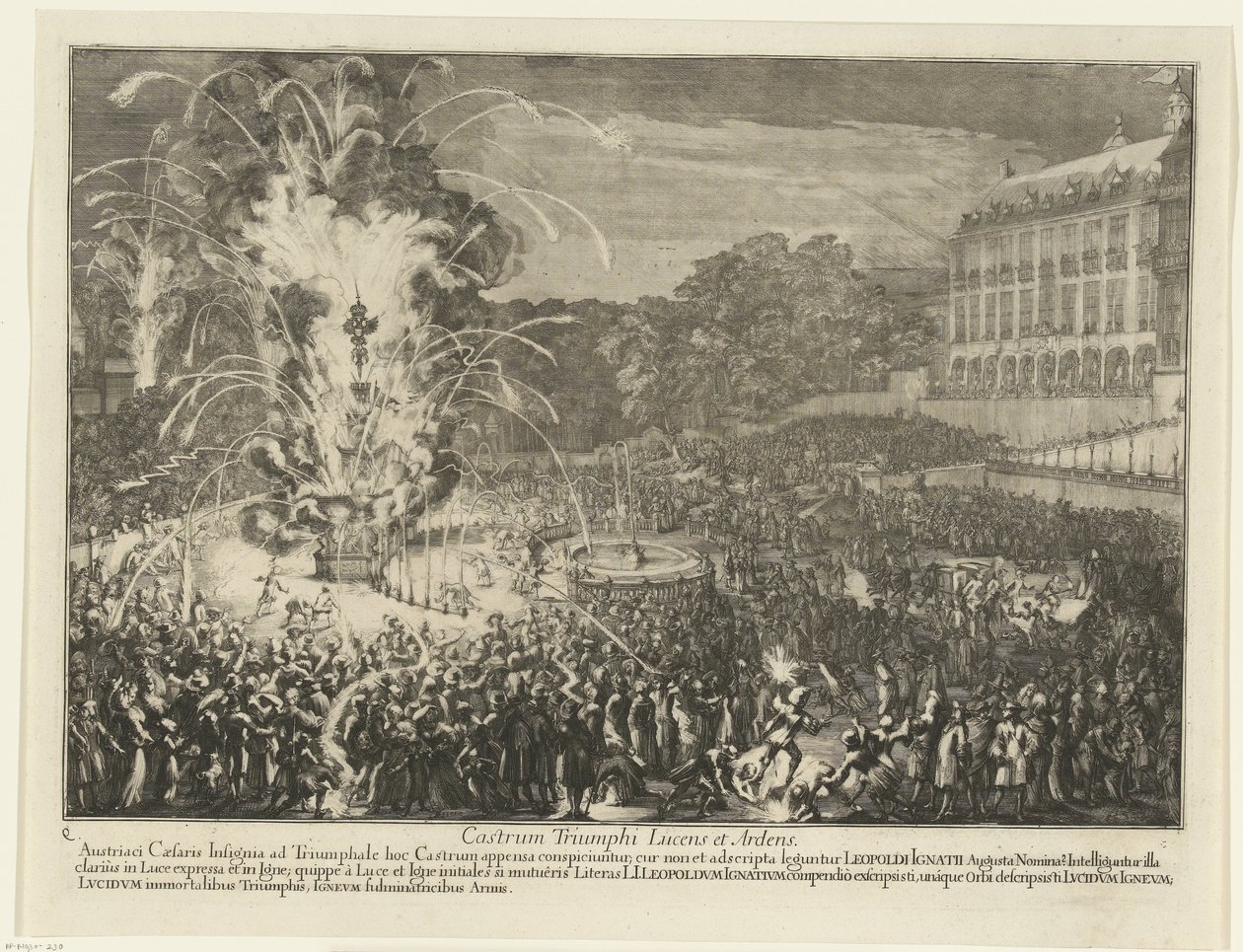 宫殿花园里的烟花，1686 年 Castrum Triumphi Lucens et Ardens（物体上的标题） 利奥波德一世击败土耳其人后进入布鲁塞尔，1686 年（系列标题） 作者 罗曼·德·豪格