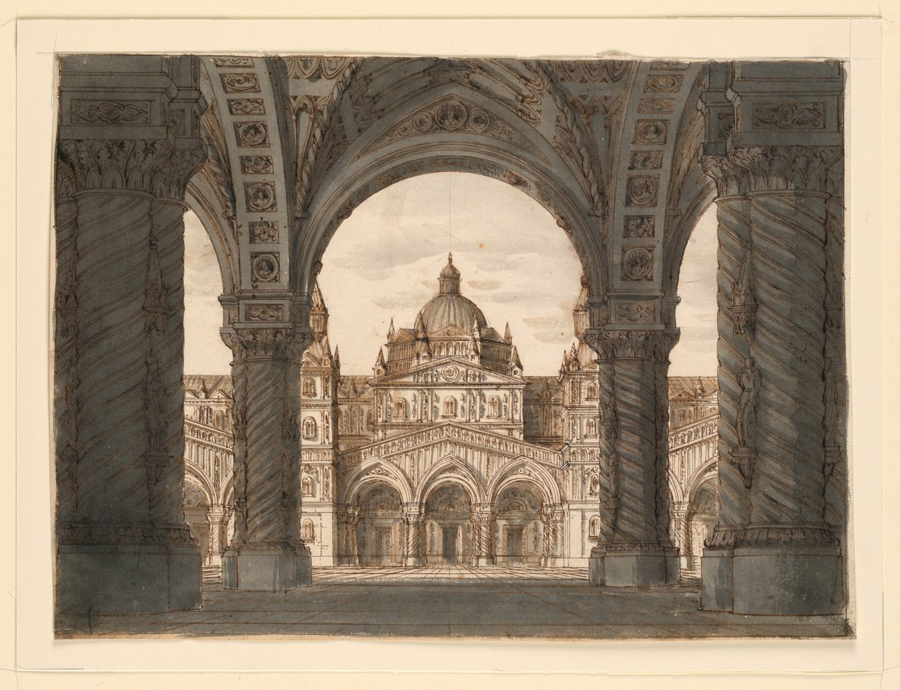 舞台设计，教堂门面，Felice Romani的I due Valdomiri，Pietro de Winter的音乐。1818年在米兰的斯卡拉演出。 作者 罗莫洛·阿奇里·利夫拉尼