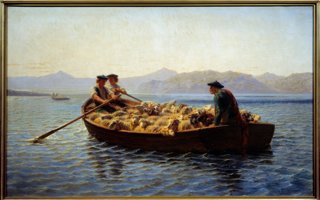 改变放牧。 牧羊人登上羊群，将它们带到对岸。 Rosa Bonheur (1822-1899) 的绘画 作者 粉红色的快乐