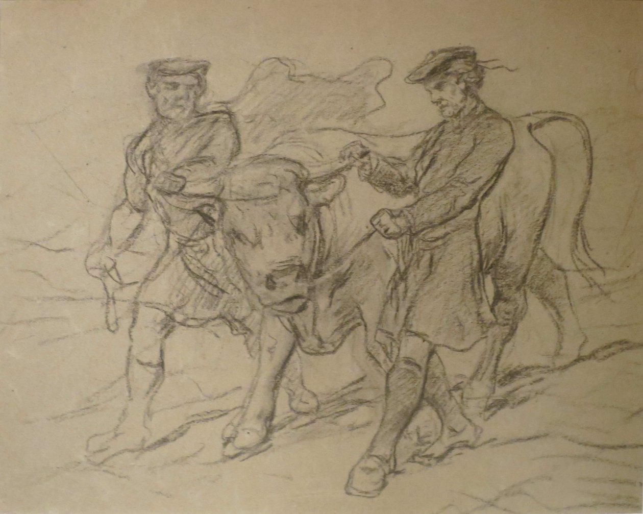 Rosa Bonheur 创作的《两个牵牛的人》，黑色粉笔画，哥伦布艺术博物馆 作者 粉红色的快乐