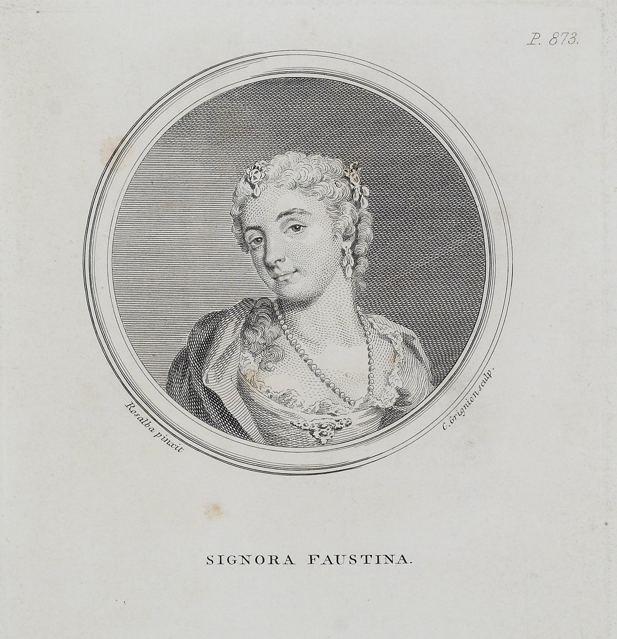 Signora Faustina，来自John Hawkins爵士的“音乐科学与实践通用词典”，由Charles Grigion（1717-1810）雕刻，1776年 作者 Rosalba Giovanna Carriera