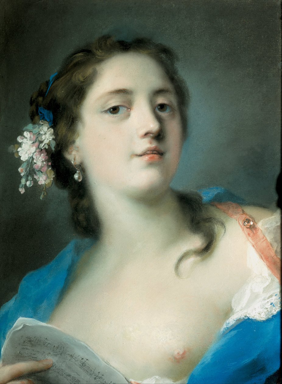 德语: Die Sängerin Faustina Bordoni (1700-1781) mit einem Notenblatt 歌剧歌手福斯蒂娜-博尔多尼（1697-1781）附乐谱 作者 罗莎尔巴·卡瑞拉
