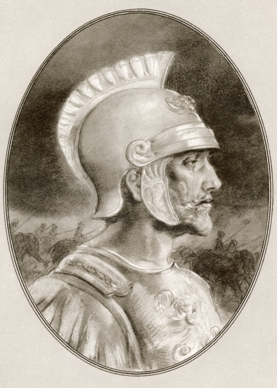 阿育王（Ashoka），卒于公元前 232 年，又名阿育王大帝。 印度孔雀王朝的皇帝。 美国艺术家和插画家戈登·罗斯（Gordon Ross，1873-1946 年）绘制的插图，选自《著名统治者的生平传记》。 作者 罗斯·戈登