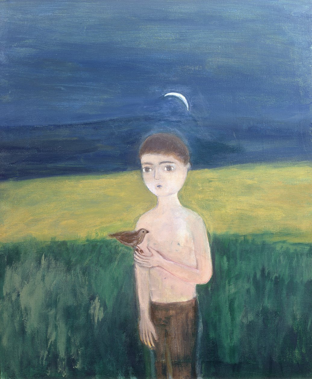 鸟与男孩，2002年（画布上的丙烯酸） 作者 罗娅·萨拉里（Roya Salari）