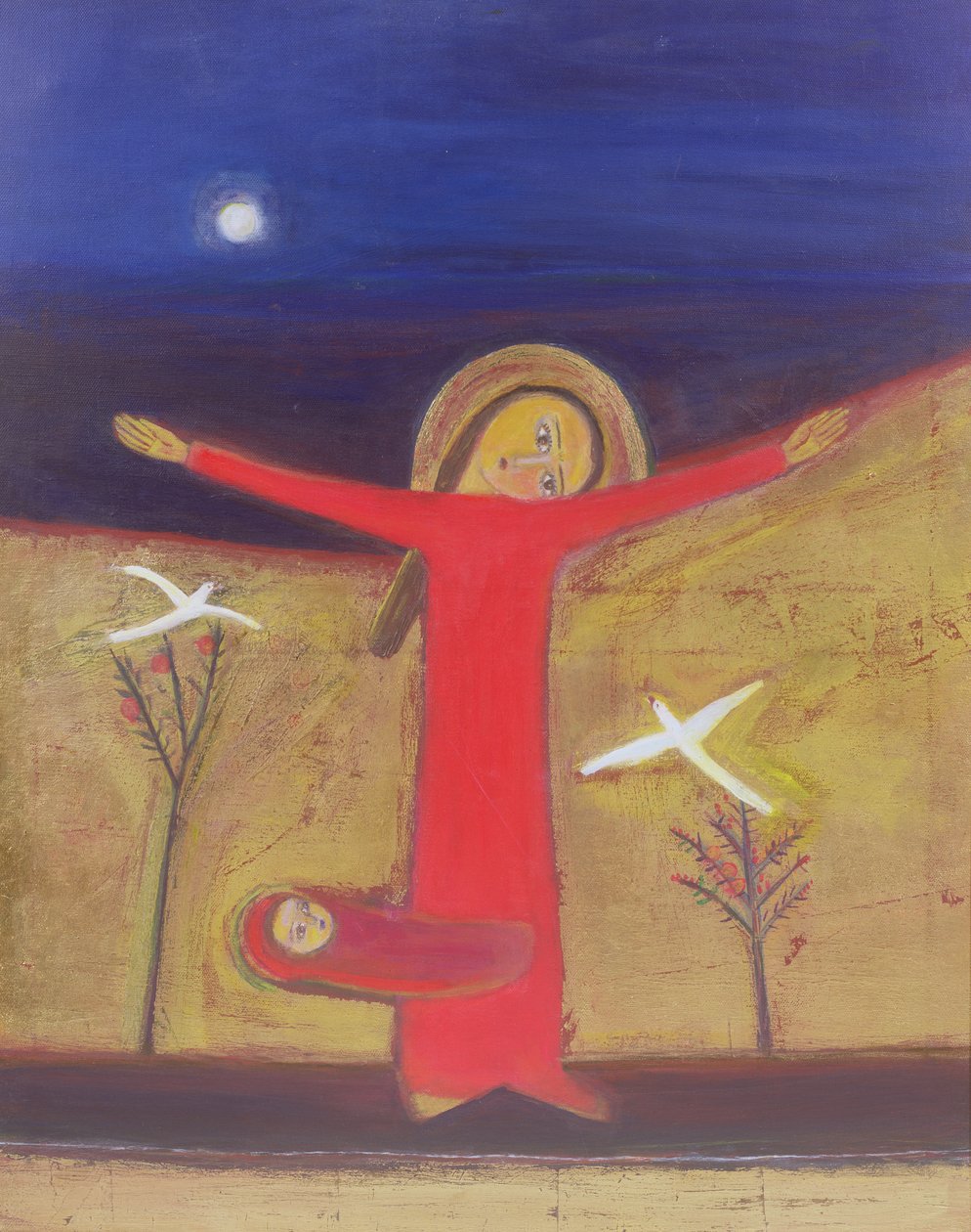 母亲和孩子与鸽子，2002年（画布上的丙烯酸） 作者 罗娅·萨拉里（Roya Salari）
