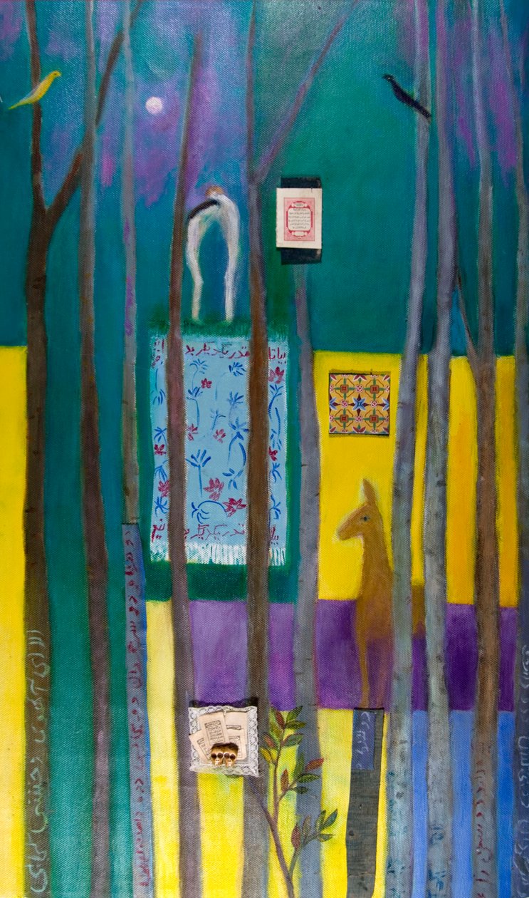 亚当和夏娃的陨落，2011年（画布上的油画和拼贴画） 作者 罗娅·萨拉里（Roya Salari）