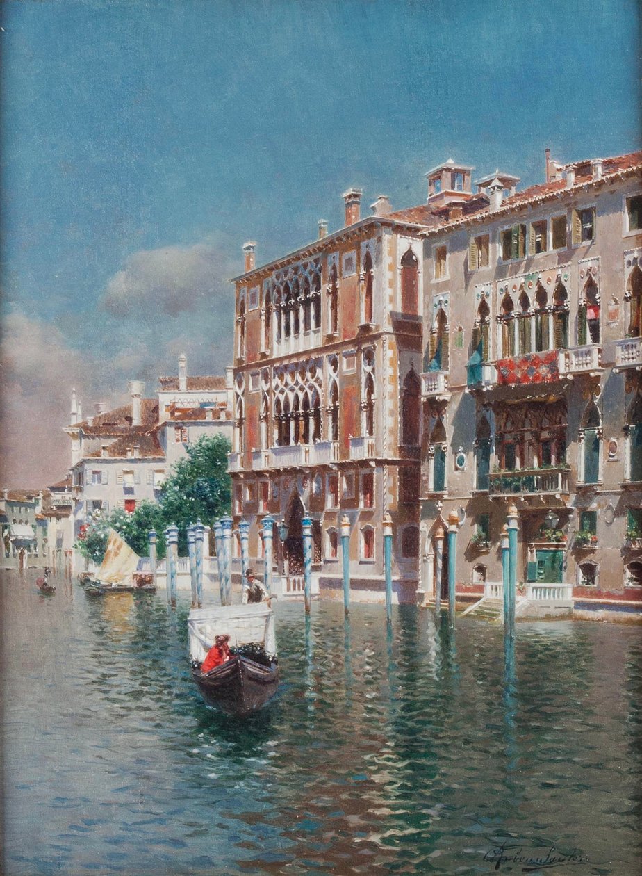 威尼斯 Cavalli-Franchetti 宫和巴巴罗宫前的贡多拉（布面油画） 作者 鲁本斯·桑托罗