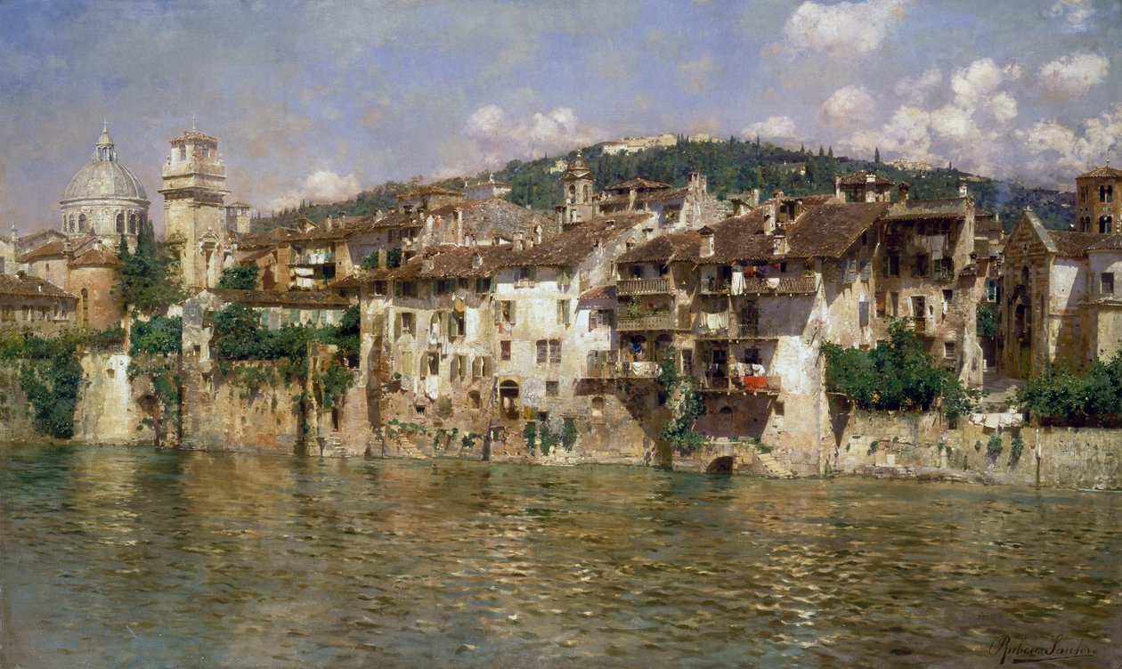 维罗纳的阿迪杰，鲁本斯-桑托罗（1859-1942），布面油画 作者 鲁本斯·桑托罗