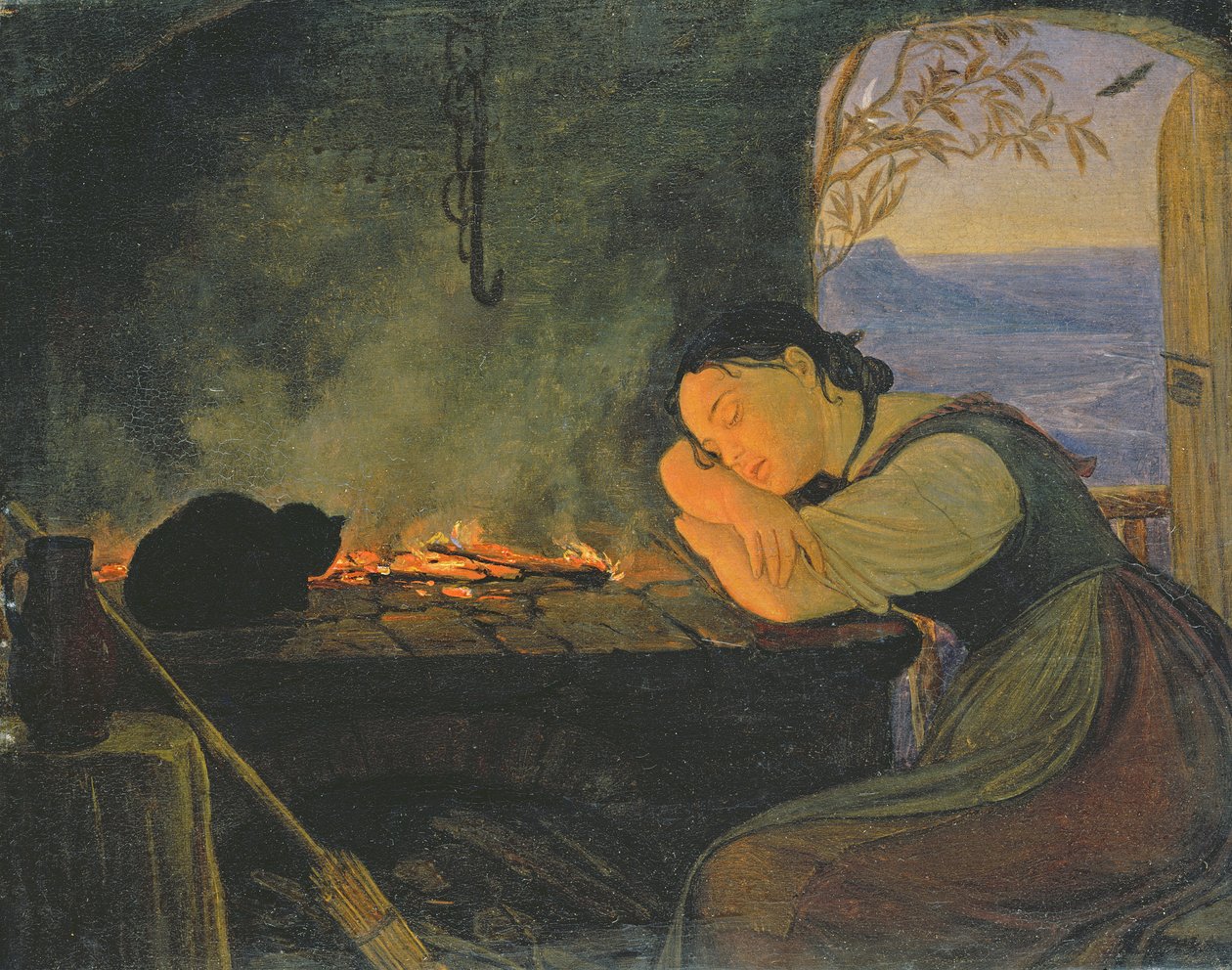女孩睡在火边，1843年 作者 鲁道夫·弗里德里希·瓦斯曼
