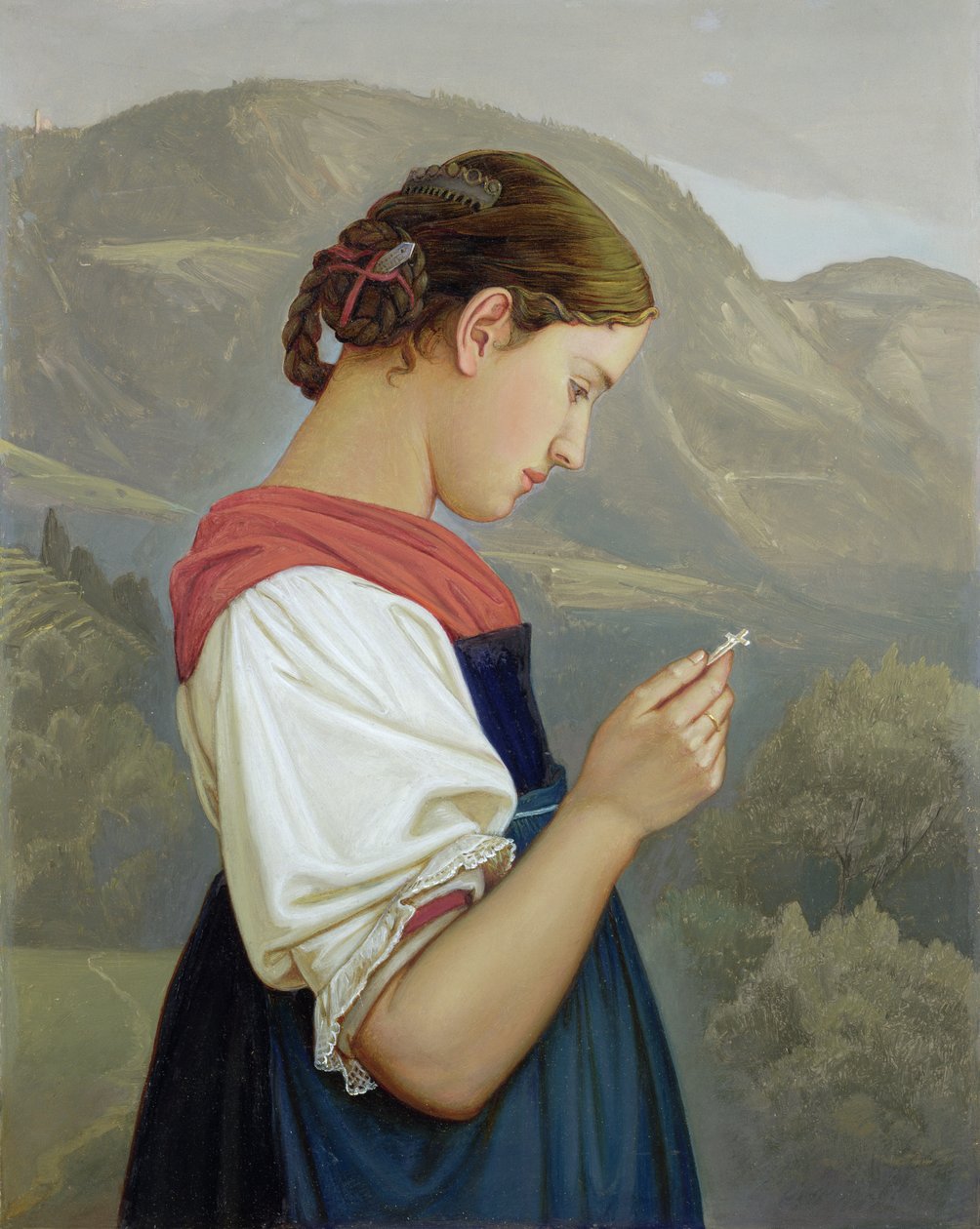 蒂罗尔女孩考虑十字架，1865年（纸上油） 作者 鲁道夫·弗里德里希·瓦斯曼