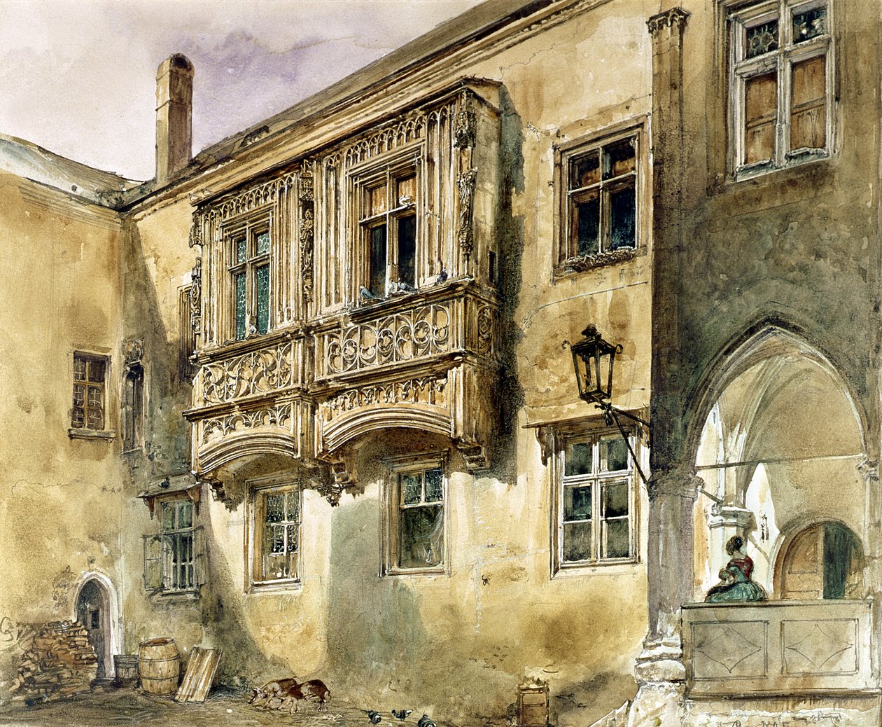 哥特式阳台在Klosterneuburg修道院的庭院里，c.1840 作者 阿尔特的鲁道夫