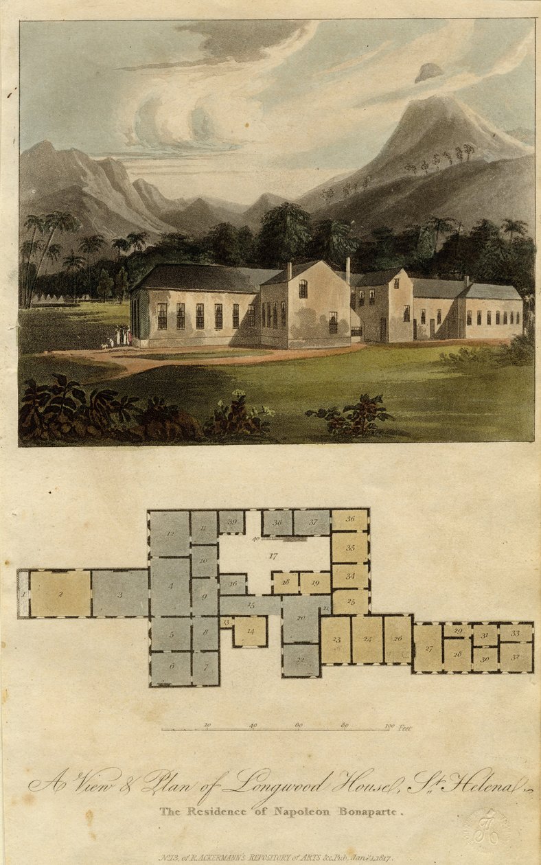 圣海伦娜Longwood House的景观和平面图：拿破仑·波拿巴的住所，1817年 作者 鲁道夫·阿克曼
