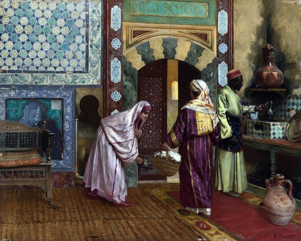 在土耳其浴室 par Ernst, Rudolf (1854-1932)， - 布面油画，48,8x60,9 - 私人收藏 作者 鲁道夫·恩斯特