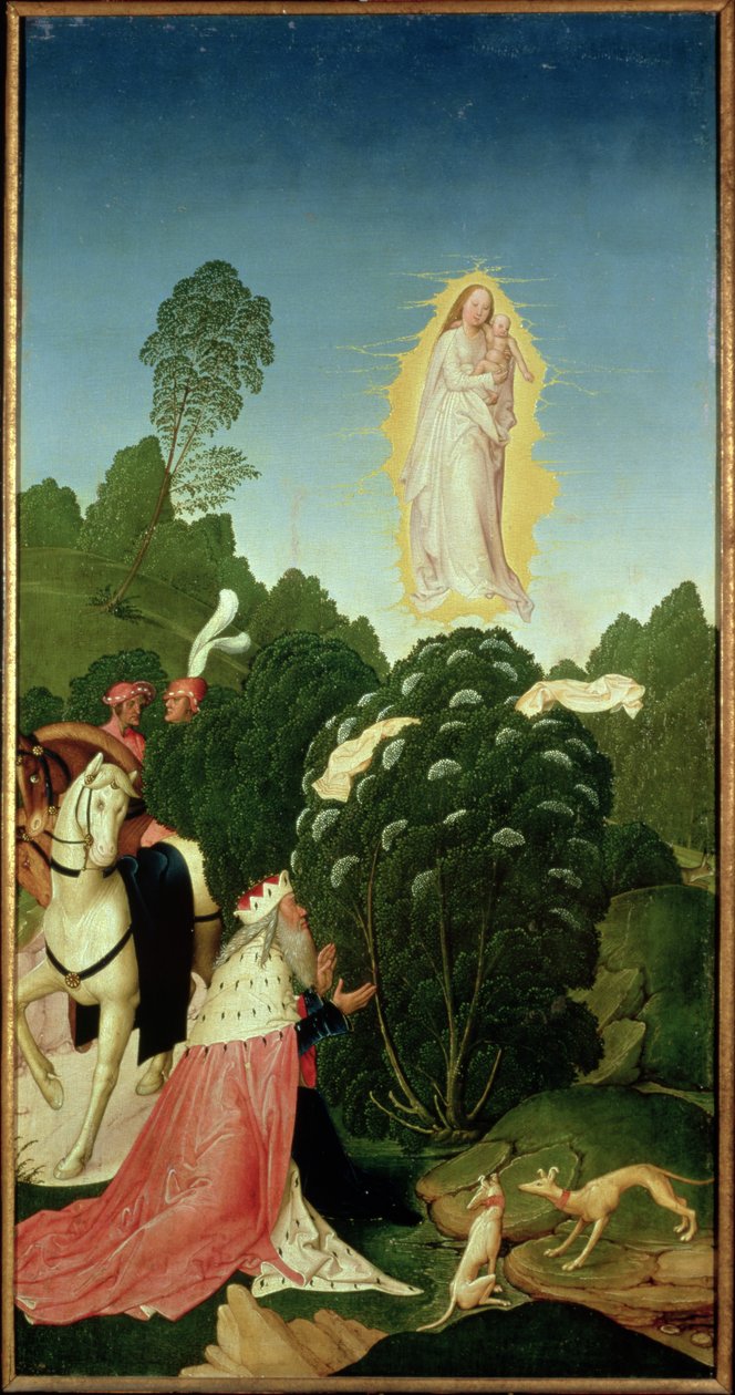 面纱的发现，来自圣利奥波德传奇，1505（面板上的蛋彩画） 作者 小村庄Rueland