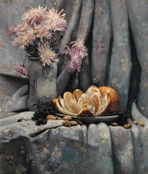 菊花和一个开放的橘子（布面油画） 作者 鲁弗斯·费尔柴尔德·佐格鲍姆（Rufus Fairchild Zogbaum）