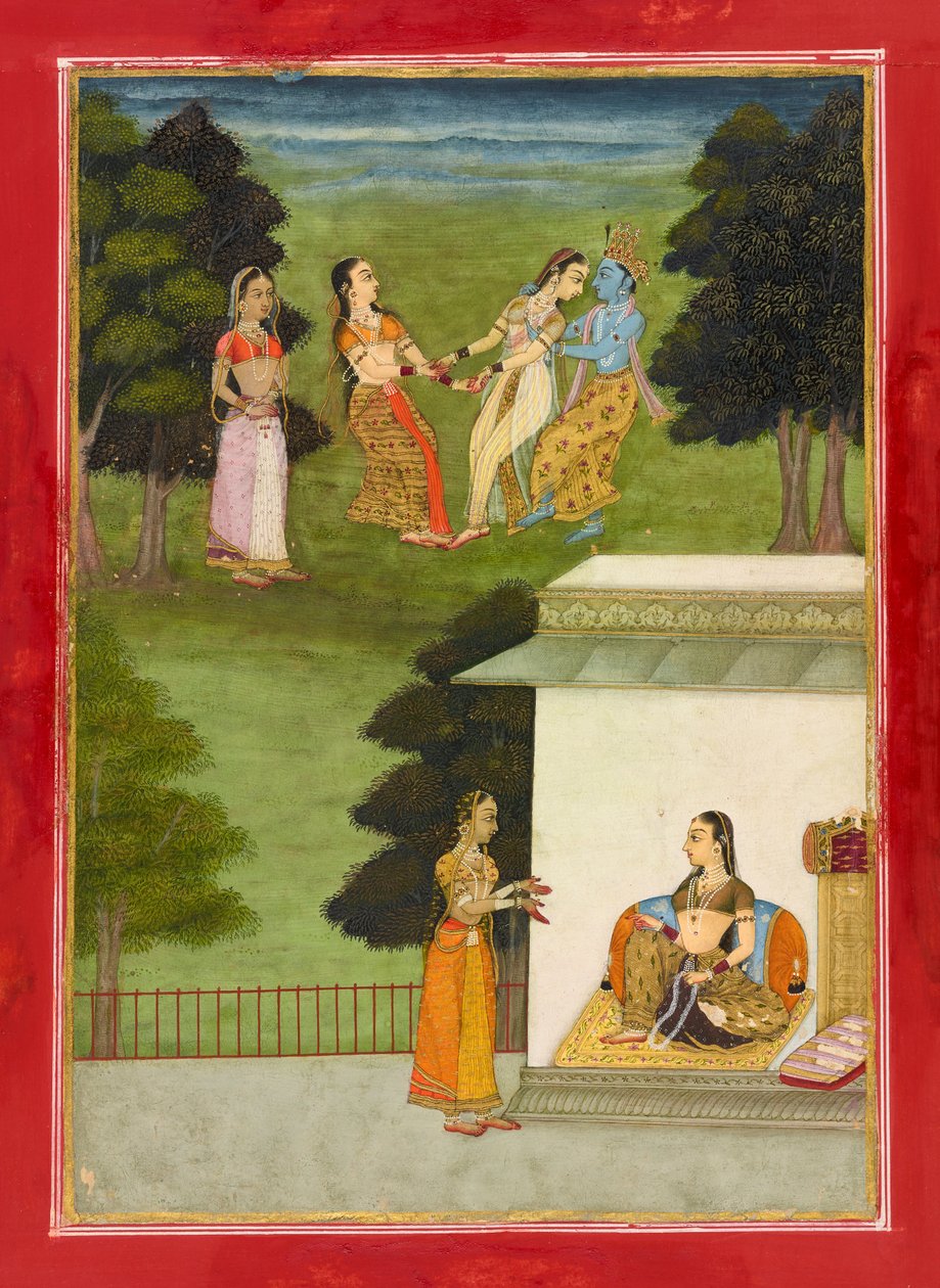 克里希纳与戈比斯的游戏，来自Rasikpriya的对开页，日期为1686年，1743年，Samvat。 作者 鲁克努丁