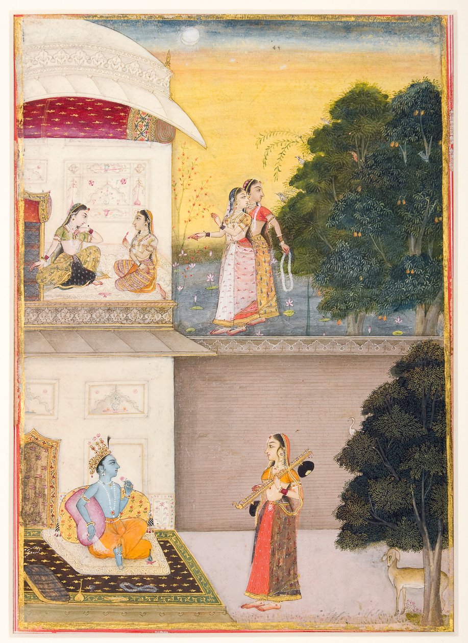 Radha带着她的vina来到Krishna，1685年（纸上不透明的黄金和黄金） 作者 Bikaner的Ruknudin