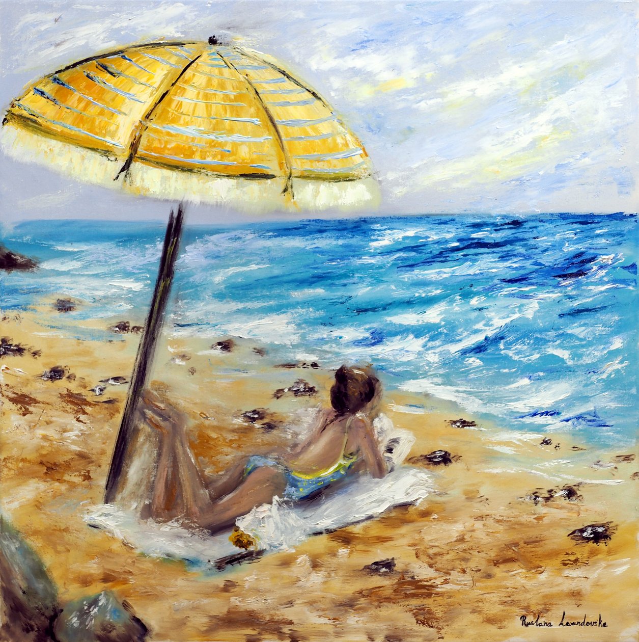 海滩日，2022 年（卡瓦纸油画） 作者 鲁斯拉娜·莱万多夫斯卡
