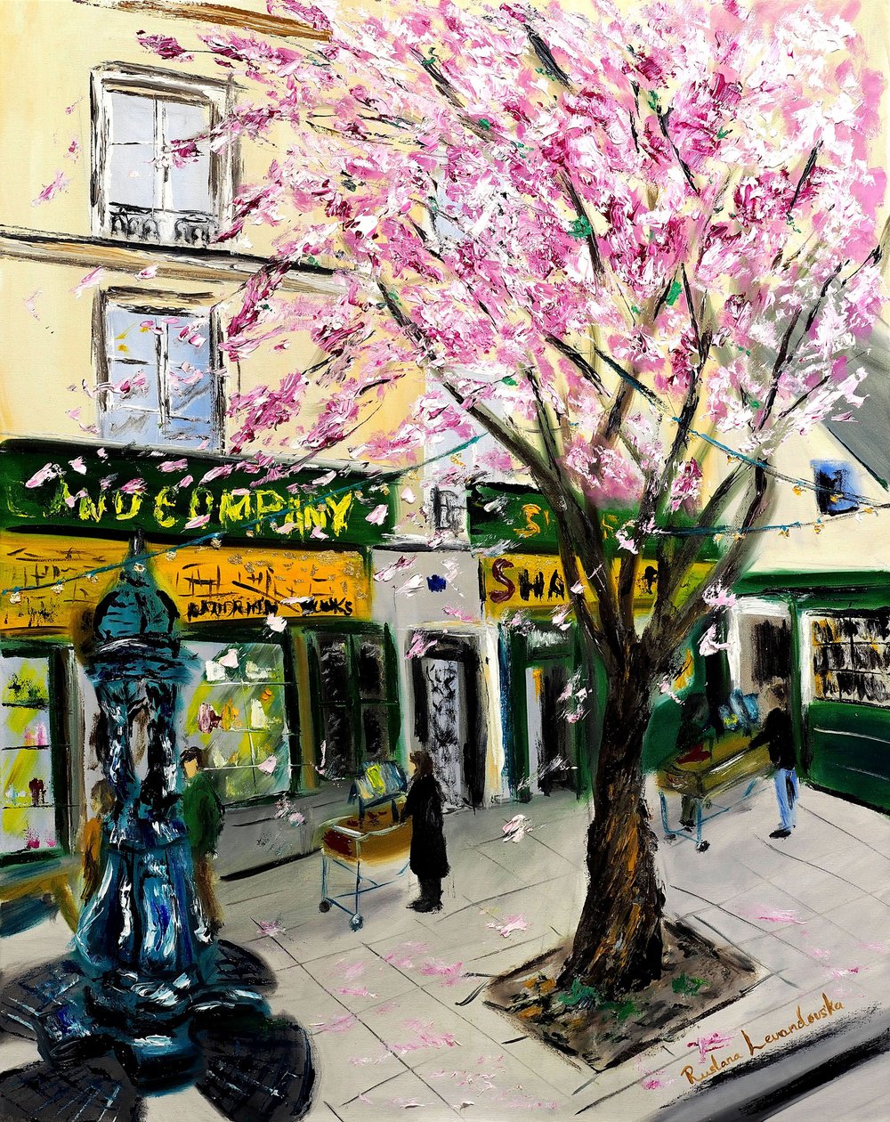 巴黎莎士比亚书店的樱花--金色点缀，2023 年（布面油画） 作者 鲁斯拉娜·莱万多夫斯卡